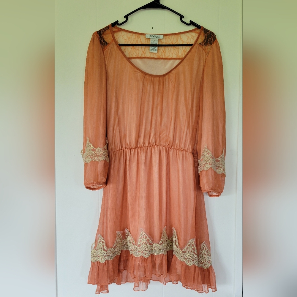 Pinky Gold Lace Ruffled Trim, Long Sleeve Dress Size M